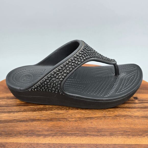 CROCS Shoes - Crocs Sloane Sandals Womens 7 Black Embellished Thong Slip On Comfort Flip Flops